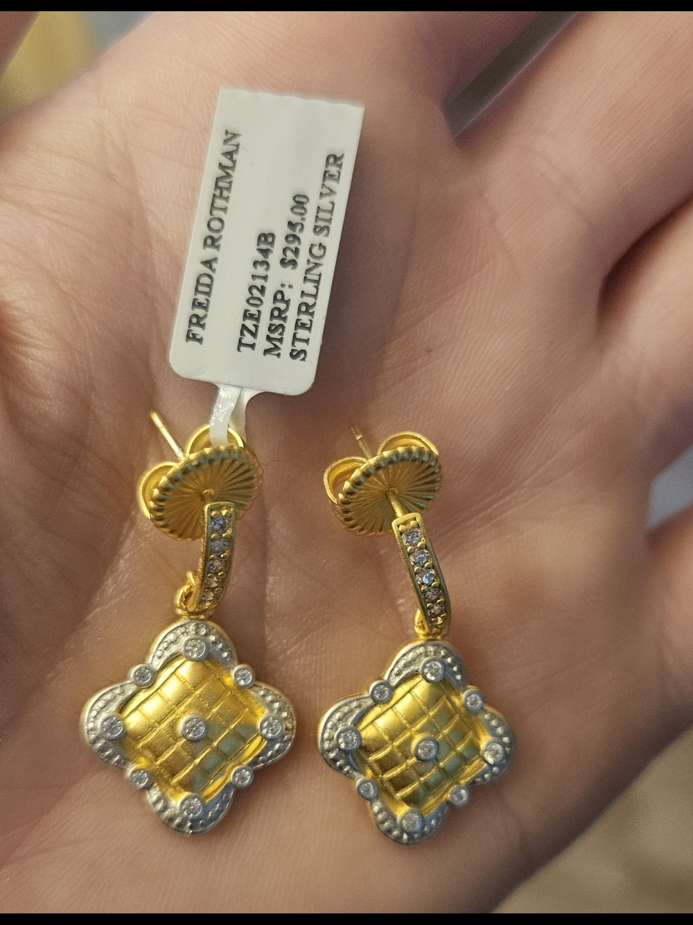 Freda Rothman Gold and Sterling Silver Plated Go Drop Earrings with Clear Stones